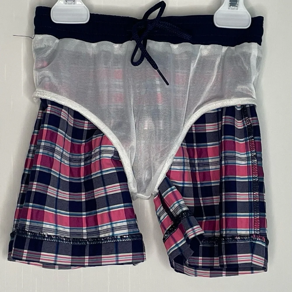 Florence Eiseman Boys Seersucker Plaid Swim Trunks Navy Pink 2T